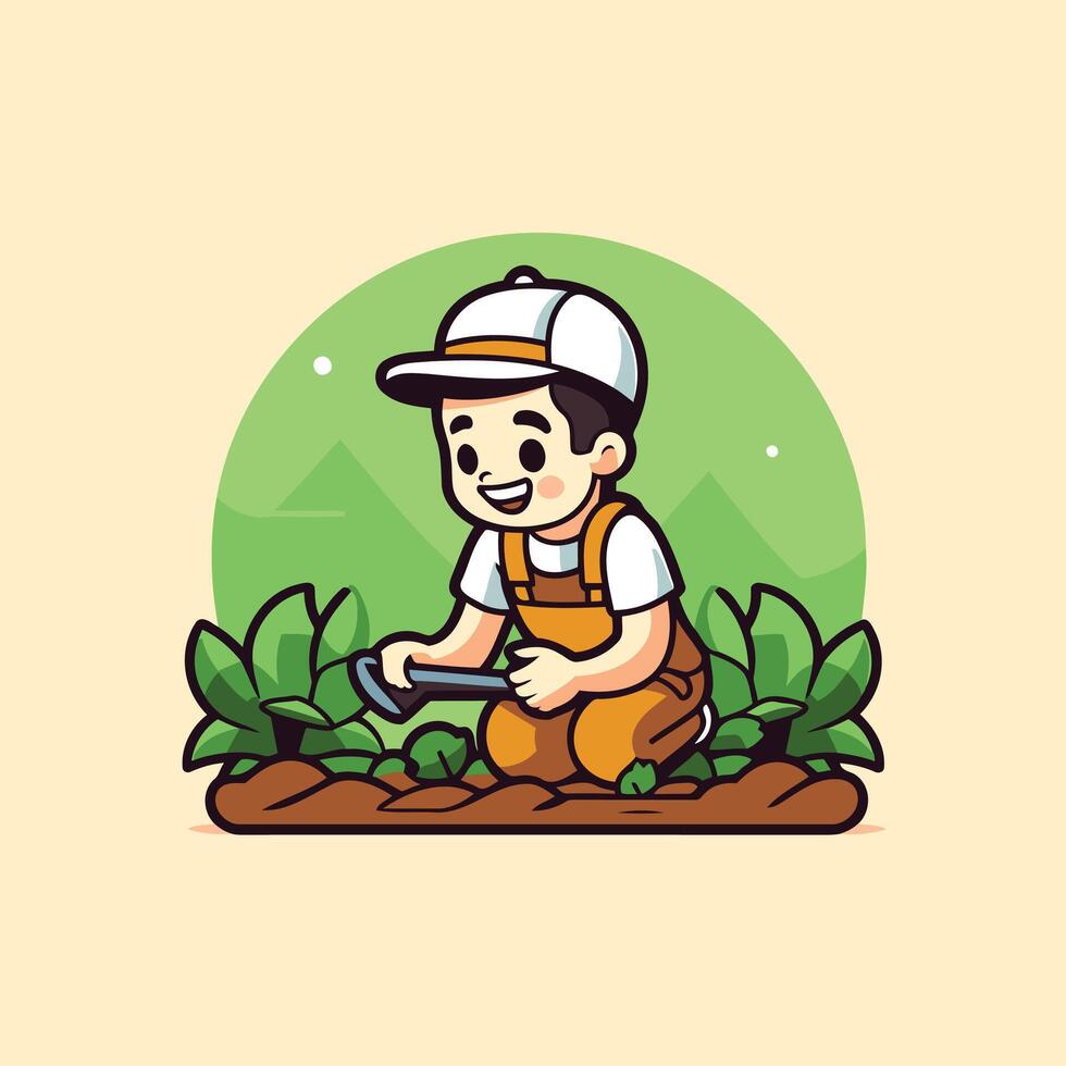 A cartoon man in overalls working in the garden vector
