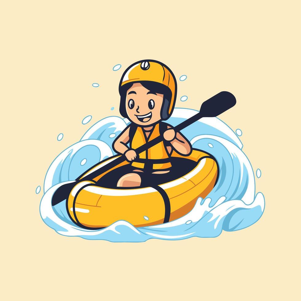 A boy in a yellow raft on a wave vector