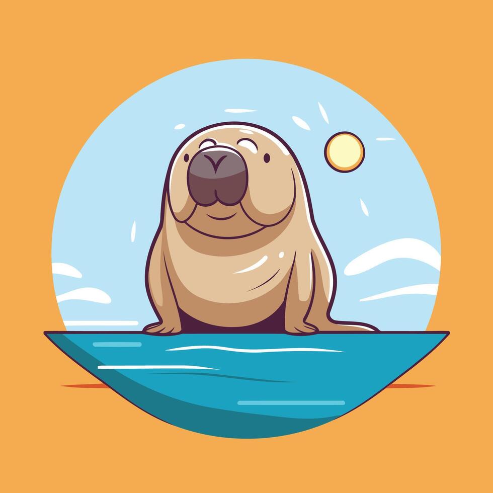 A cartoon seal sitting on a rock in the ocean vector