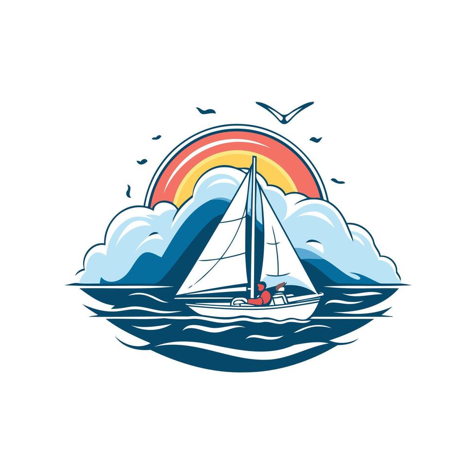 Sailboat sailing in the ocean with a rainbow vector