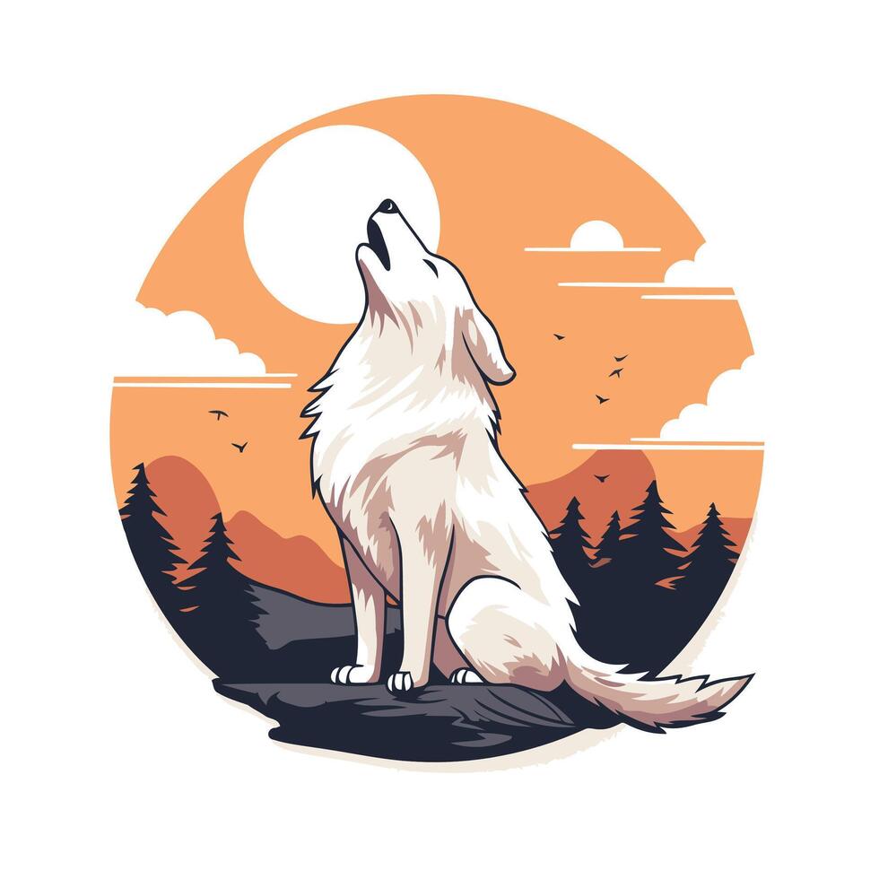 A wolf howling at the moon in the background vector