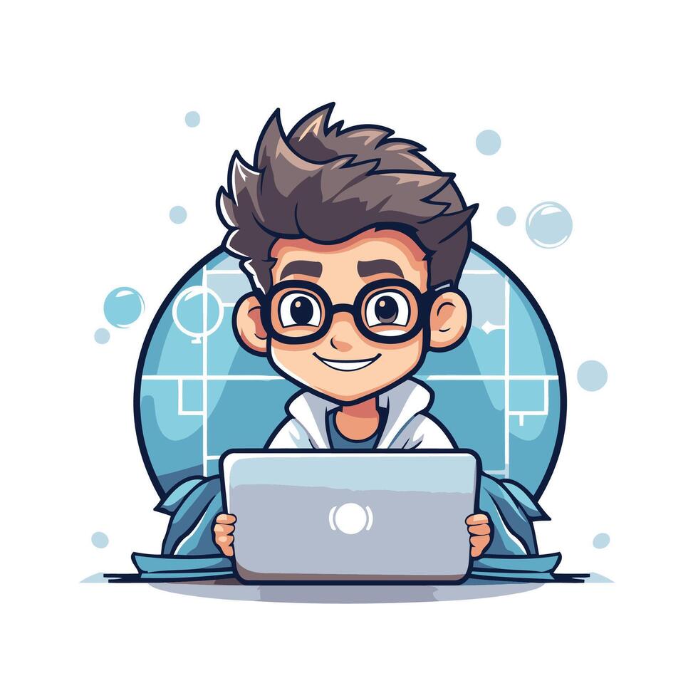 A cartoon boy with glasses sitting on a laptop vector
