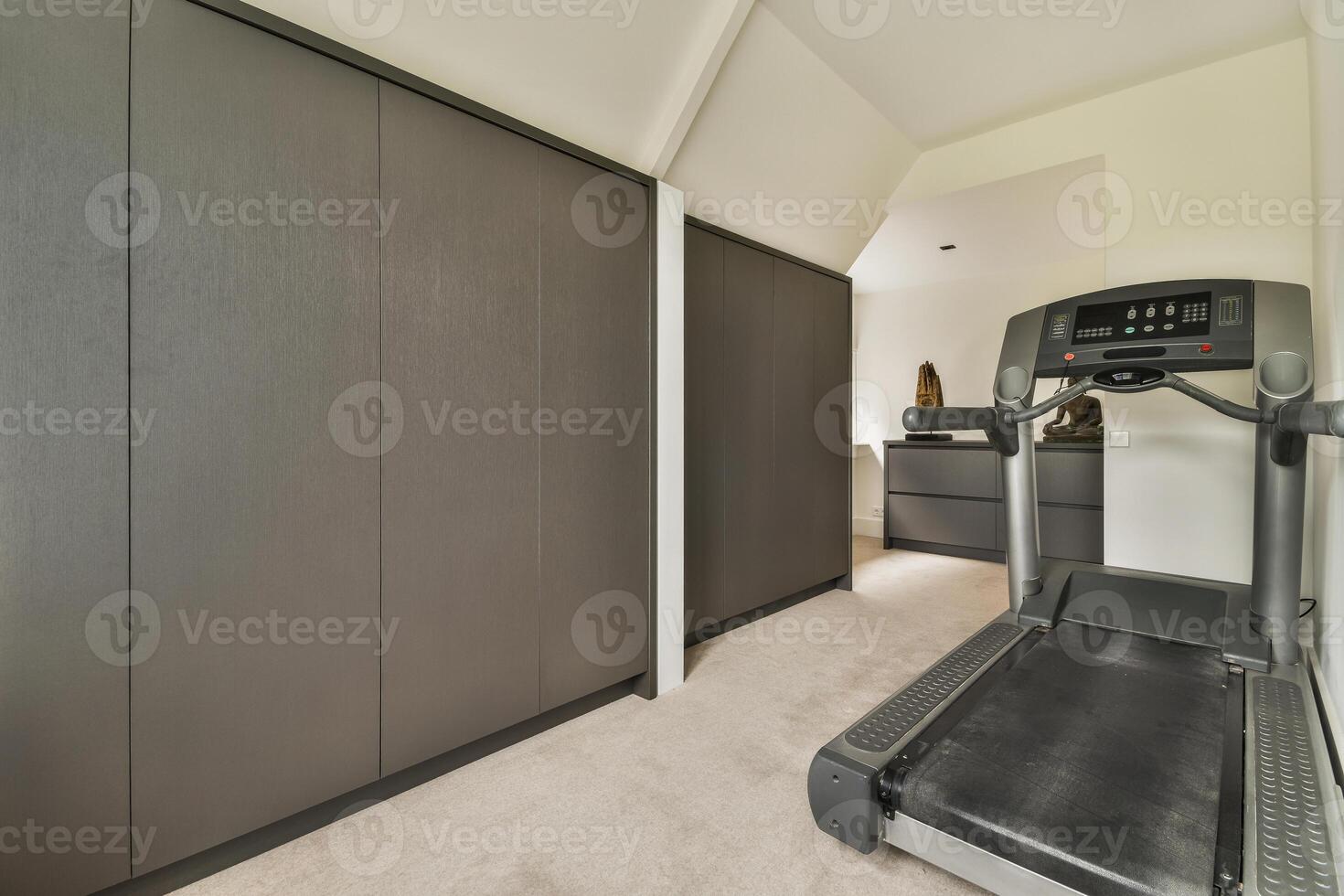 A treadmill in a room with a wall mounted television photo