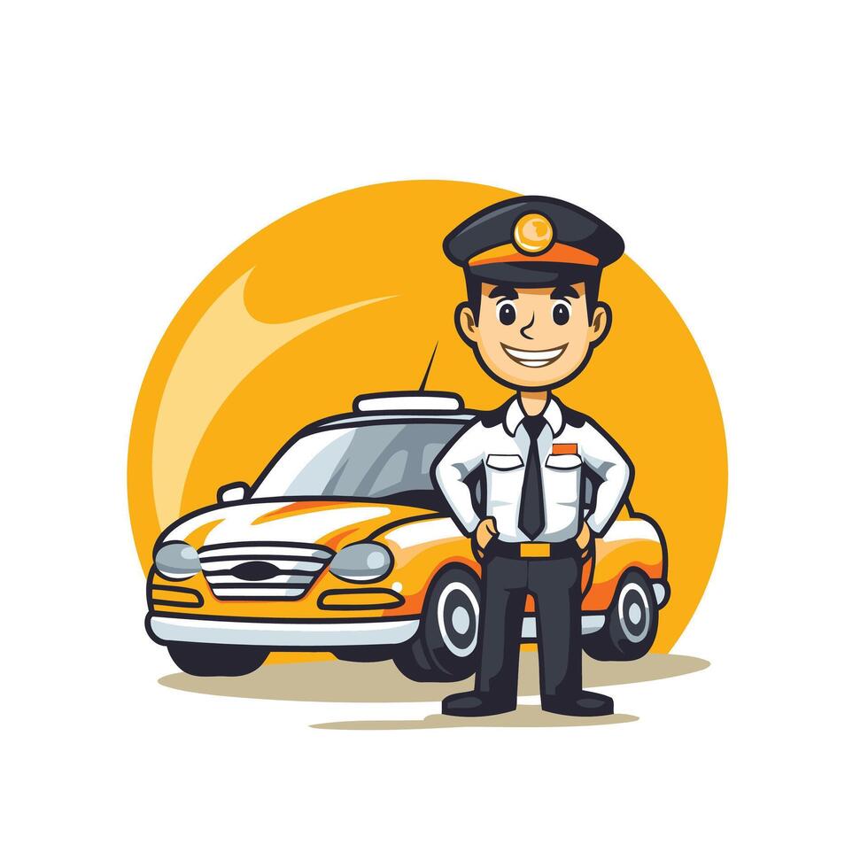 Cartoon taxi driver with car on white background vector