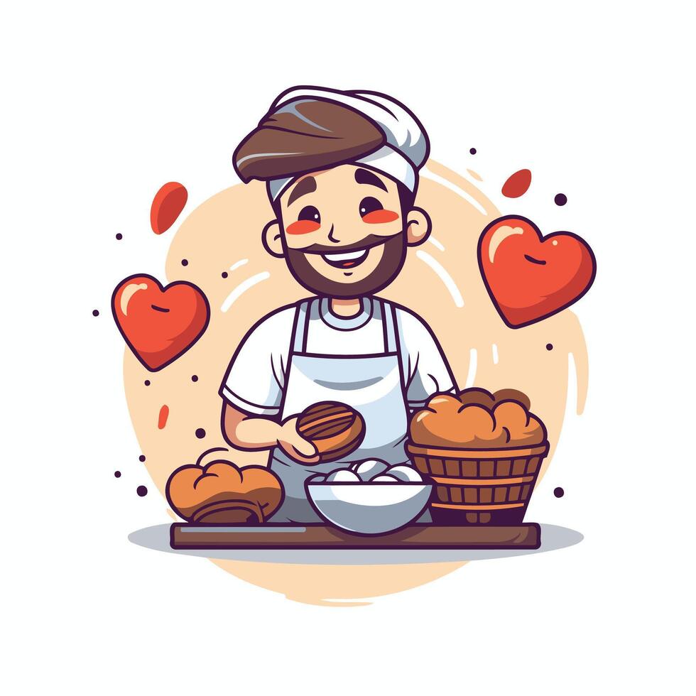A cartoon baker with heart shaped bread vector