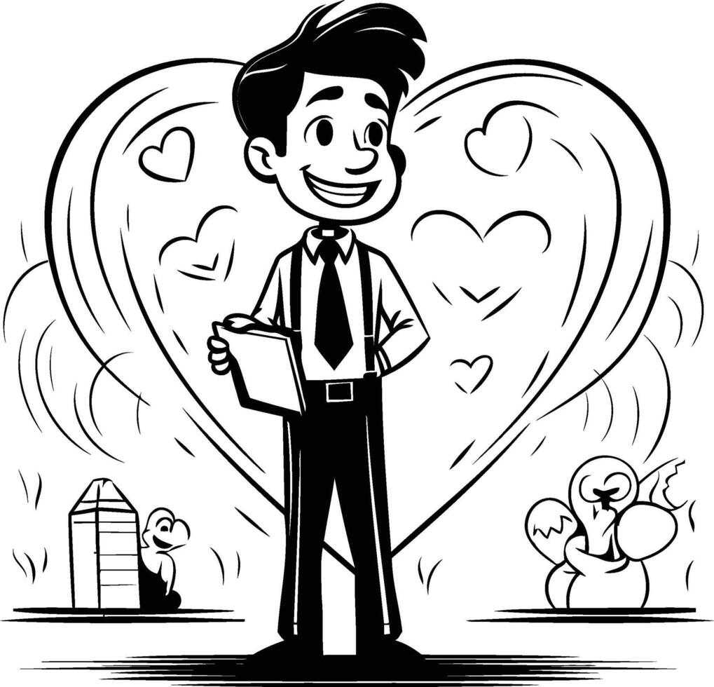 A cartoon man holding a clipboard and standing in front of a heart vector