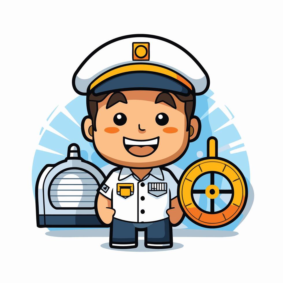 Cartoon sailor with a compass and a ship vector