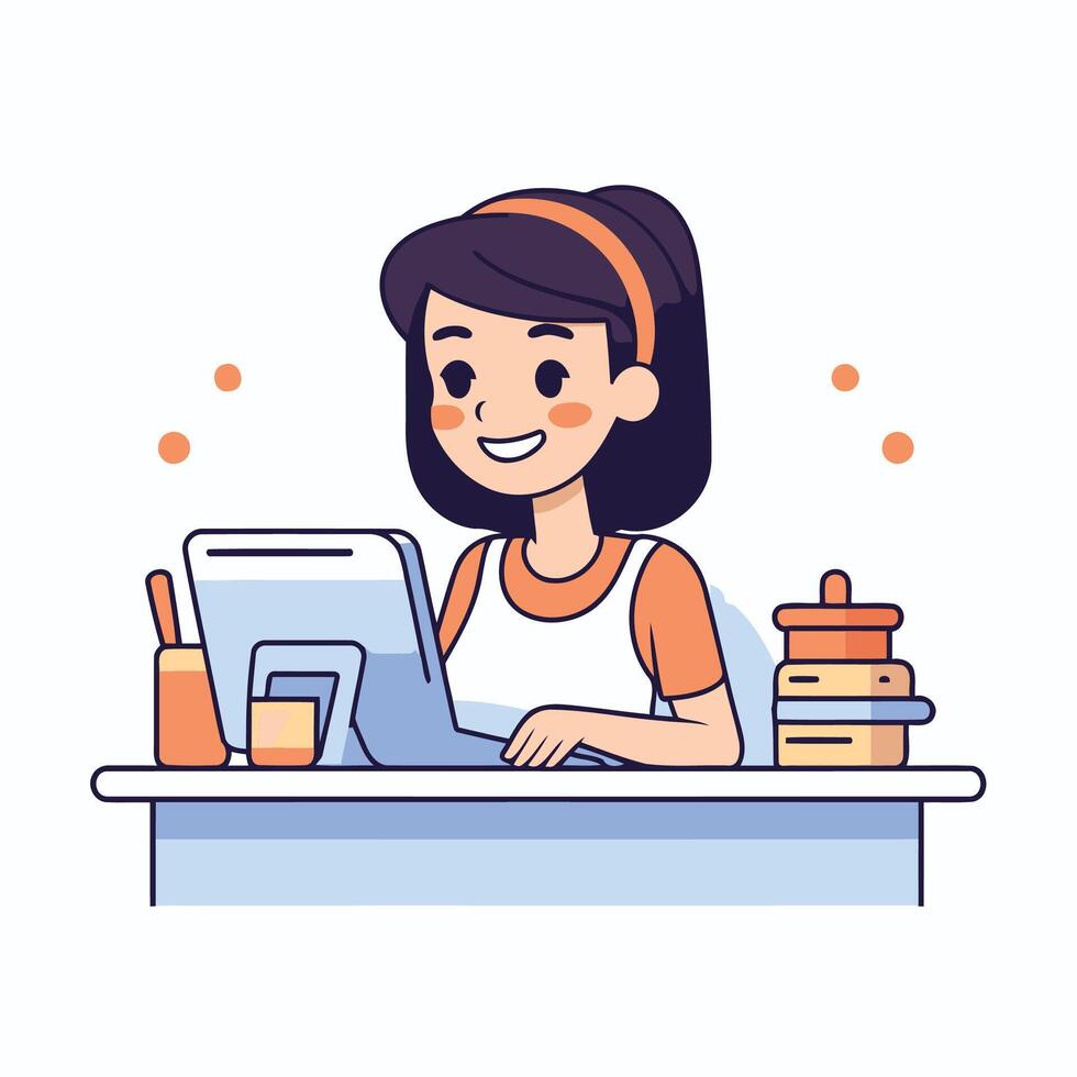 Woman working on laptop at desk with books and food vector
