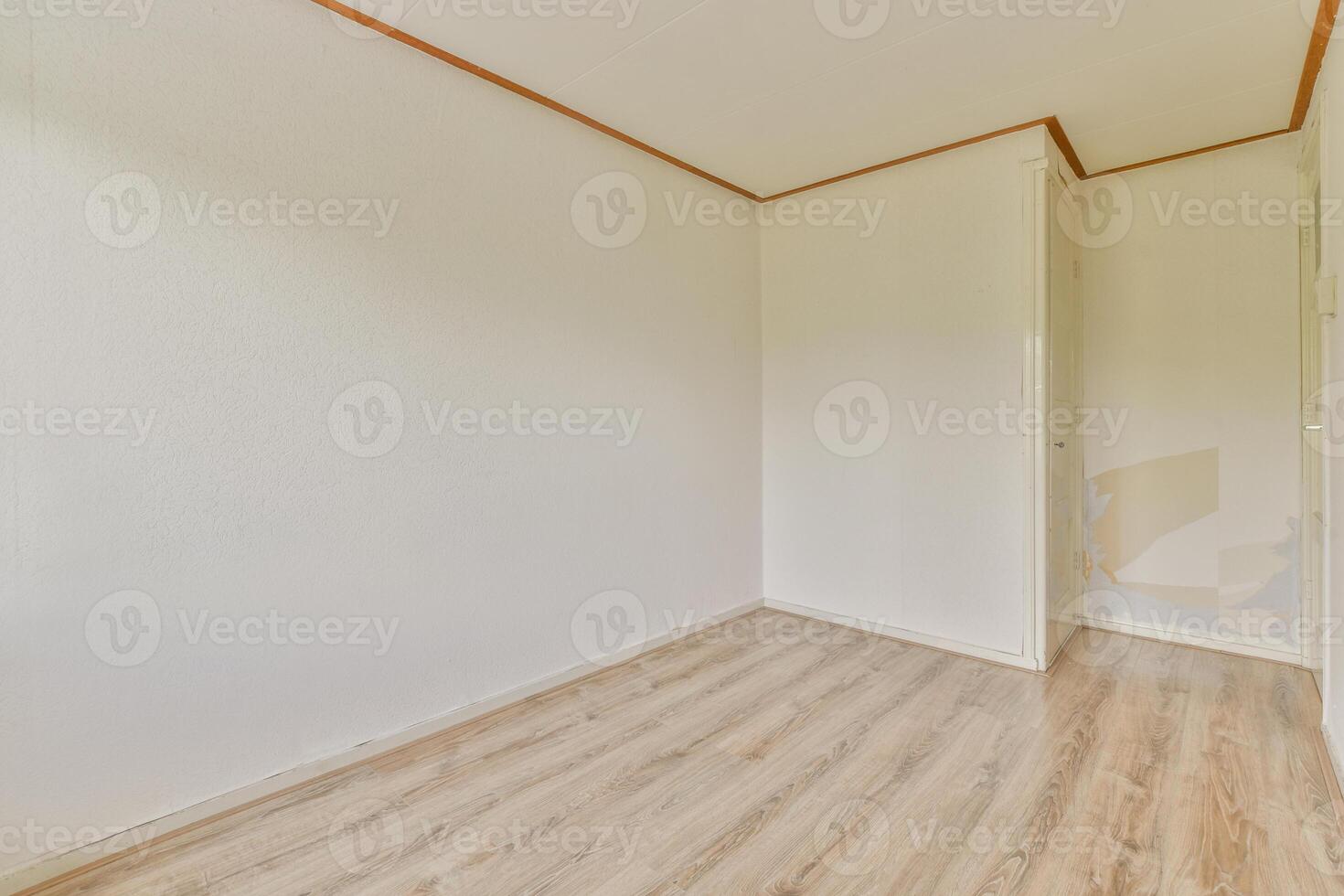 An empty room with a wooden floor and white walls photo