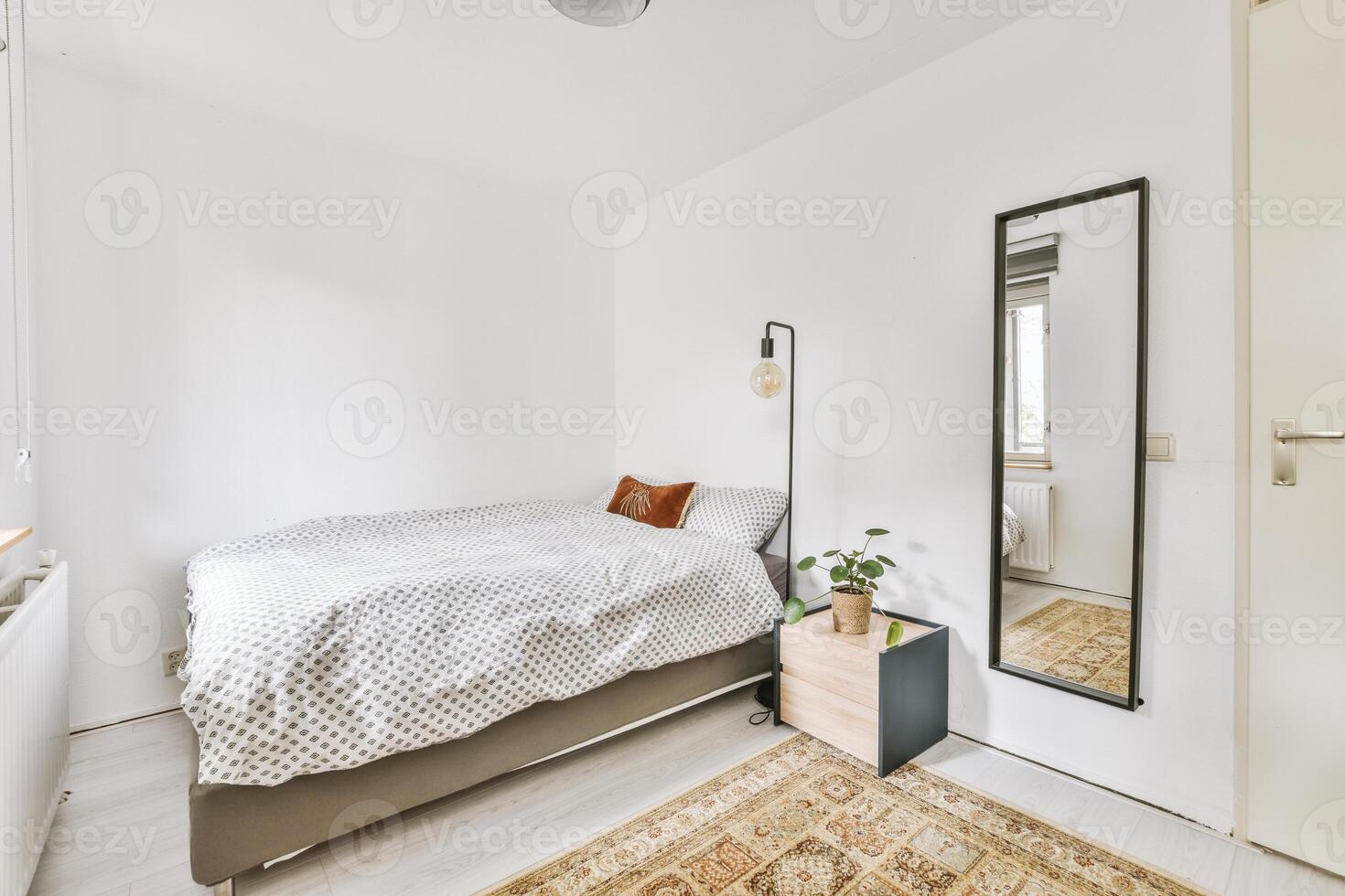 A bedroom with a bed, a mirror and a rug photo