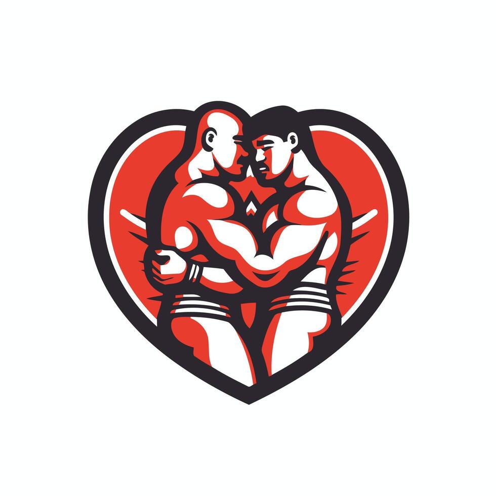 Two wrestlers hugging in a heart shape vector
