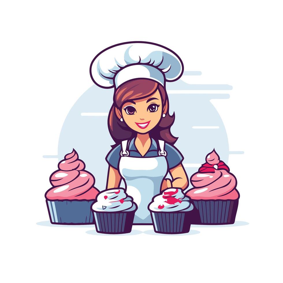 A woman in a chef hat is holding a cake vector