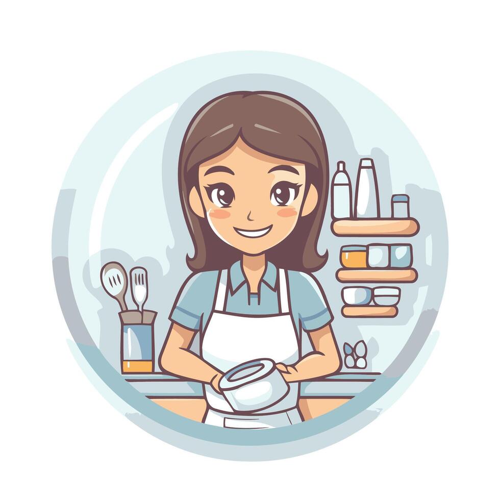 A woman in an apron is cooking in the kitchen vector