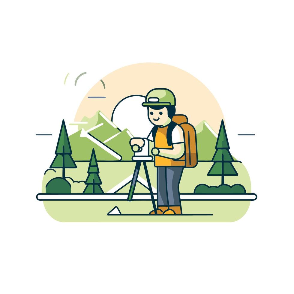 A man with a backpack and a camera is standing in the mountains vector