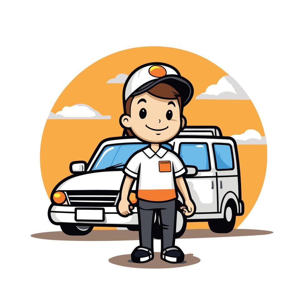 A cartoon delivery man standing next to a car vector
