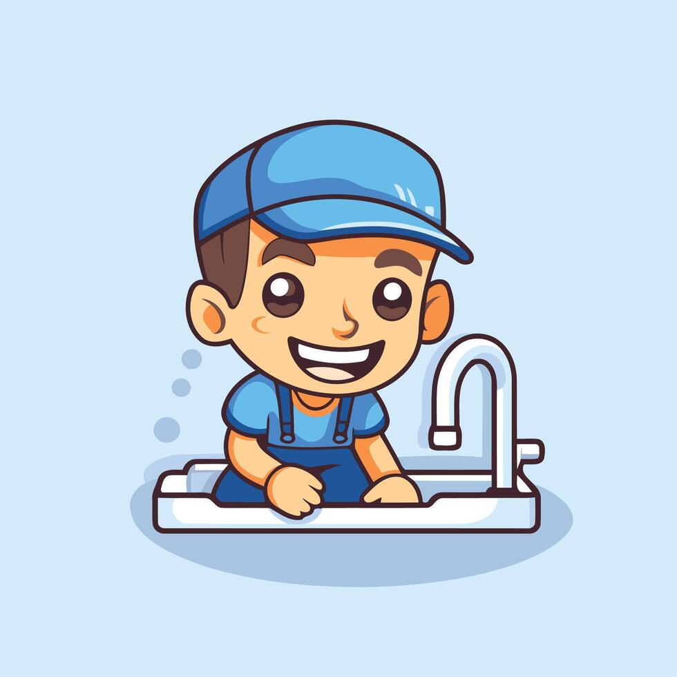 A cartoon character in a blue hat and overalls is washing his hands vector