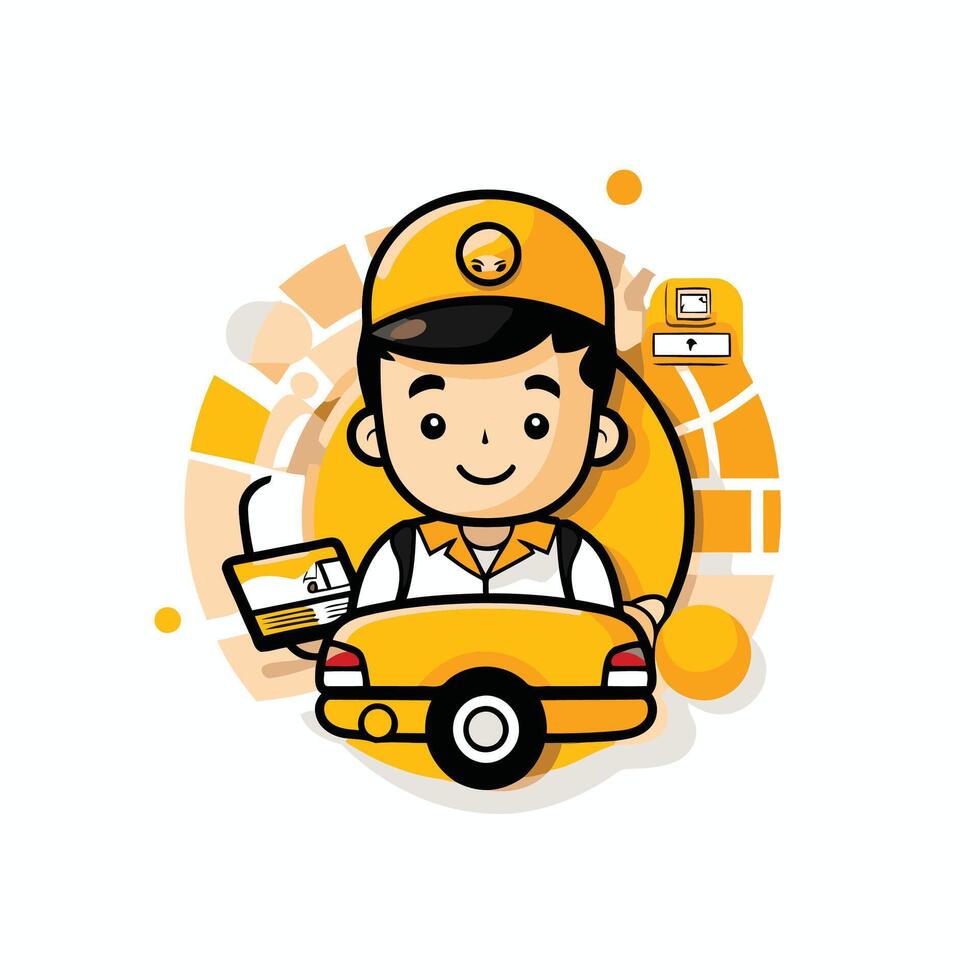 A cartoon man with a yellow car and a yellow hat vector