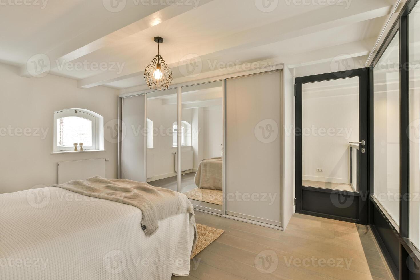 A bedroom with a bed and a mirror photo