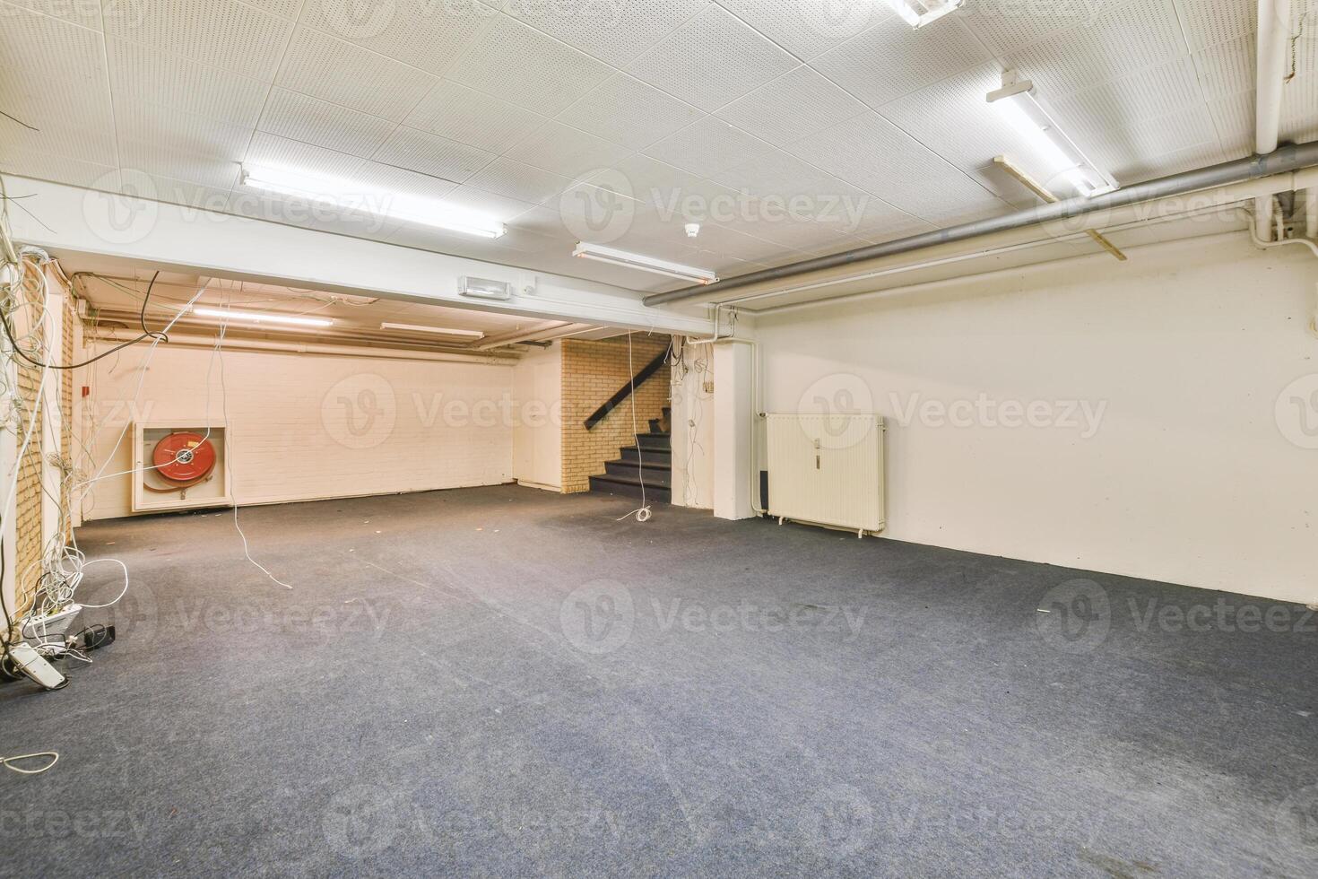 An empty room with a blue carpet and a staircase photo