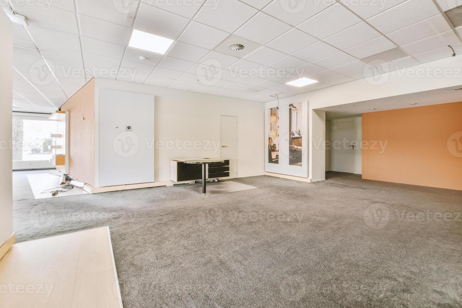 An empty office with orange walls and carpet photo