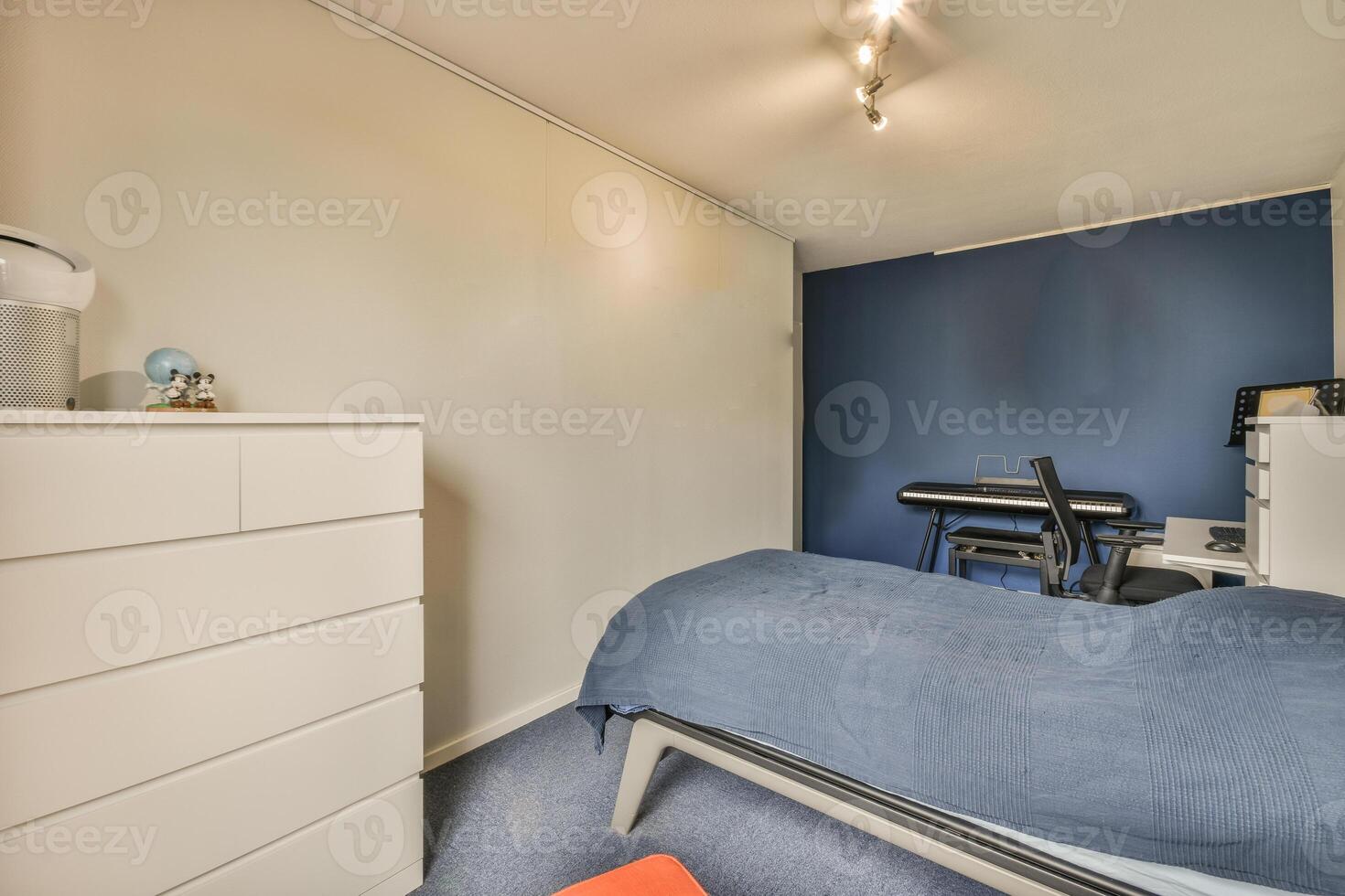 A bedroom with a bed, desk and a computer photo
