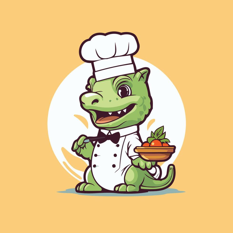 A cartoon chef dinosaur holding a plate of food vector