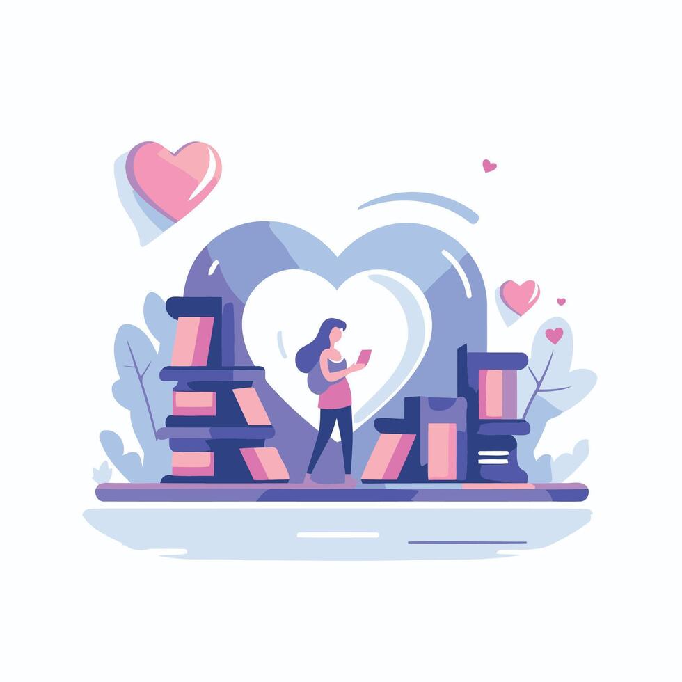Love and romance concept illustration with girl reading books and heart shape vector