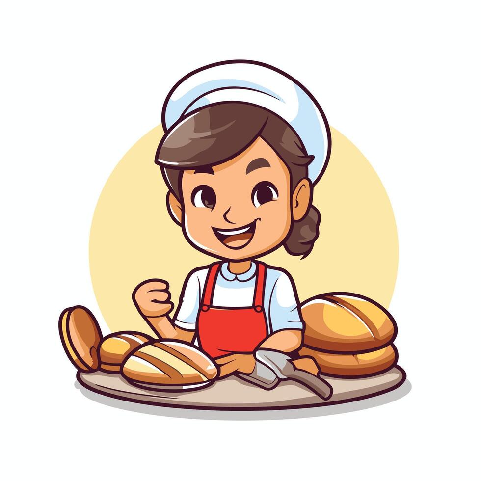 A cartoon baker with bread and other food vector