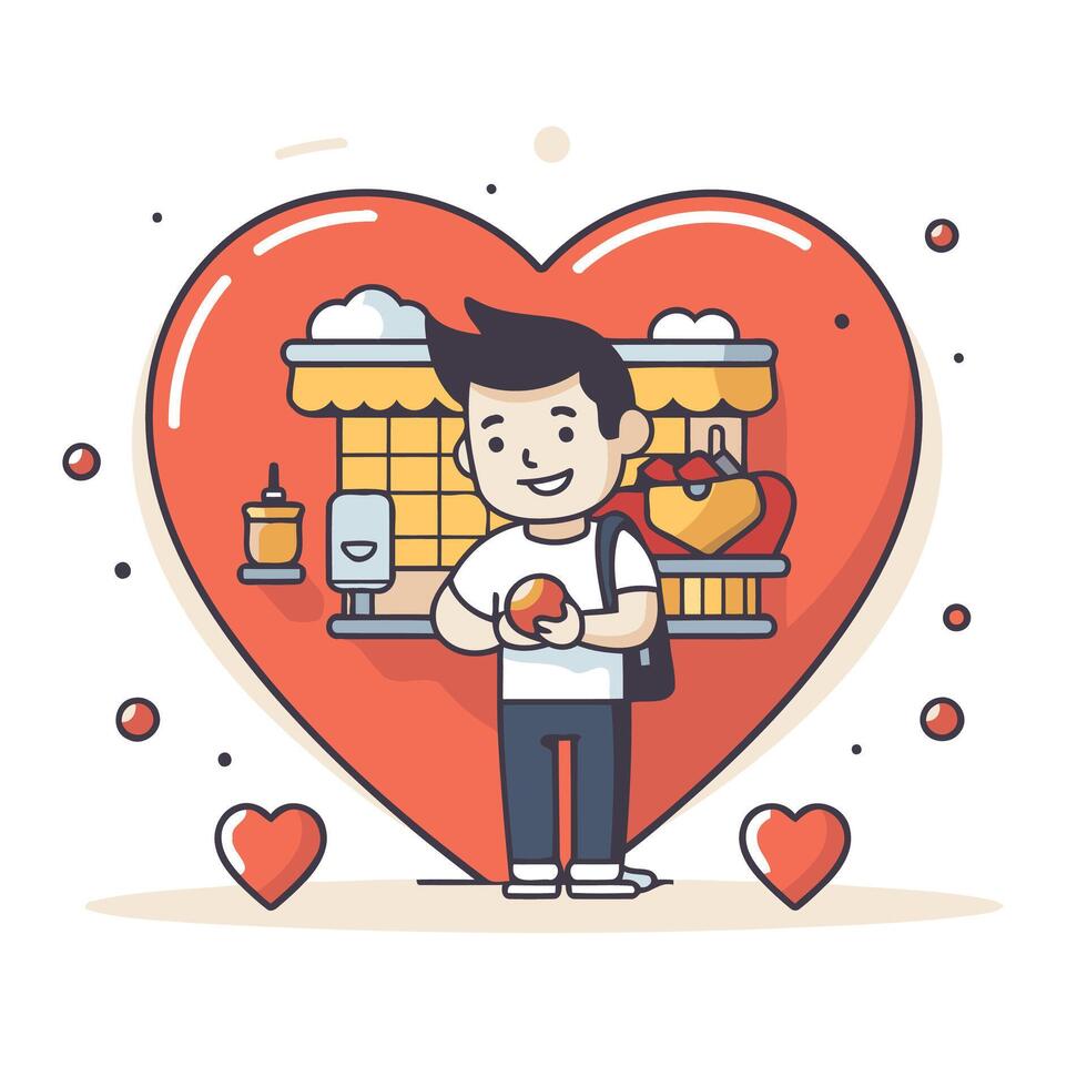 A man holding a heart shaped object with a heart shaped background vector