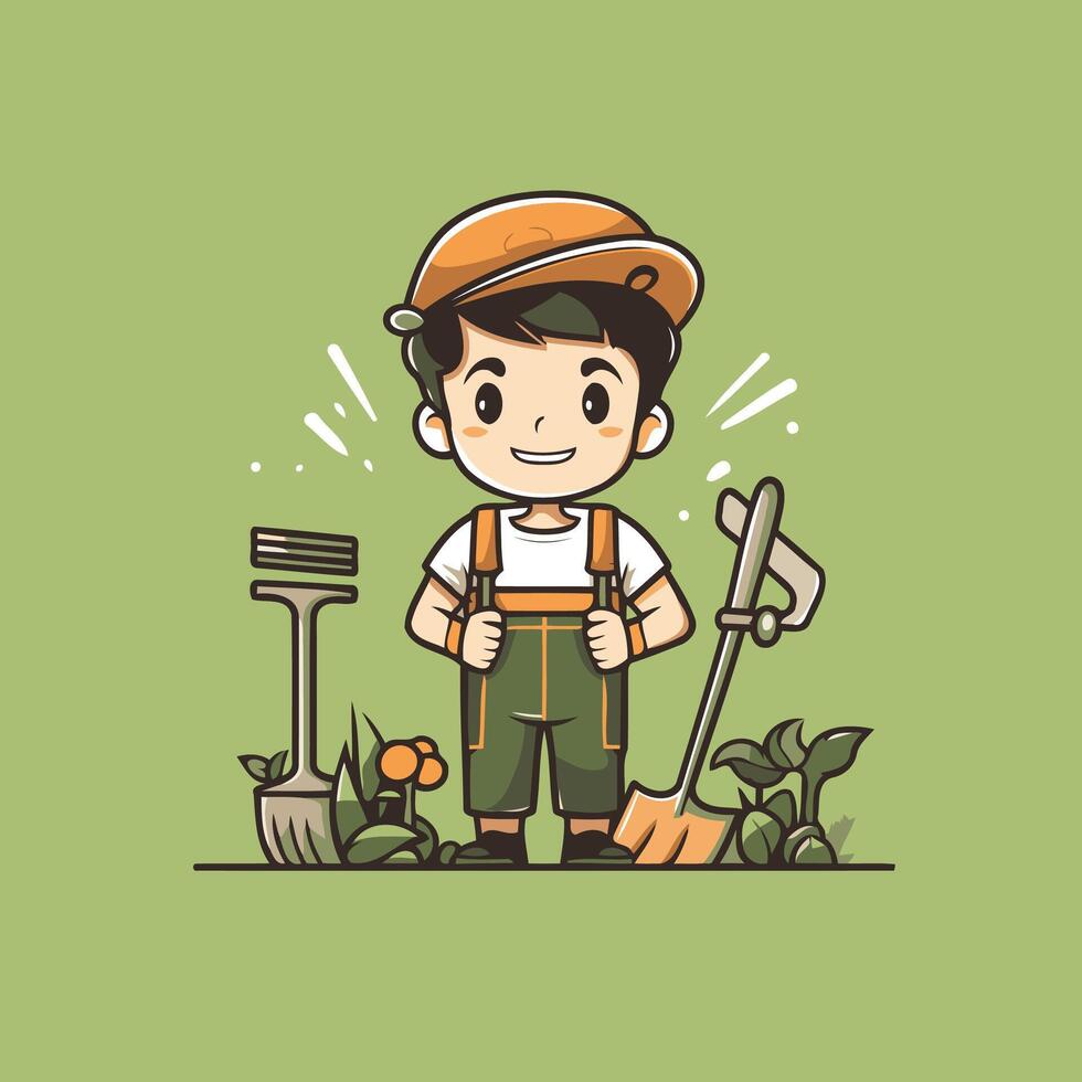 A boy in overalls holding a garden tool vector