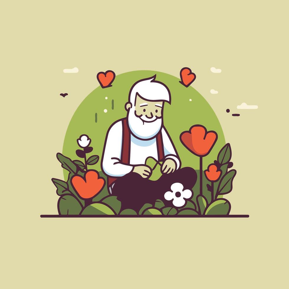 An illustration of a man sitting in the garden with hearts vector