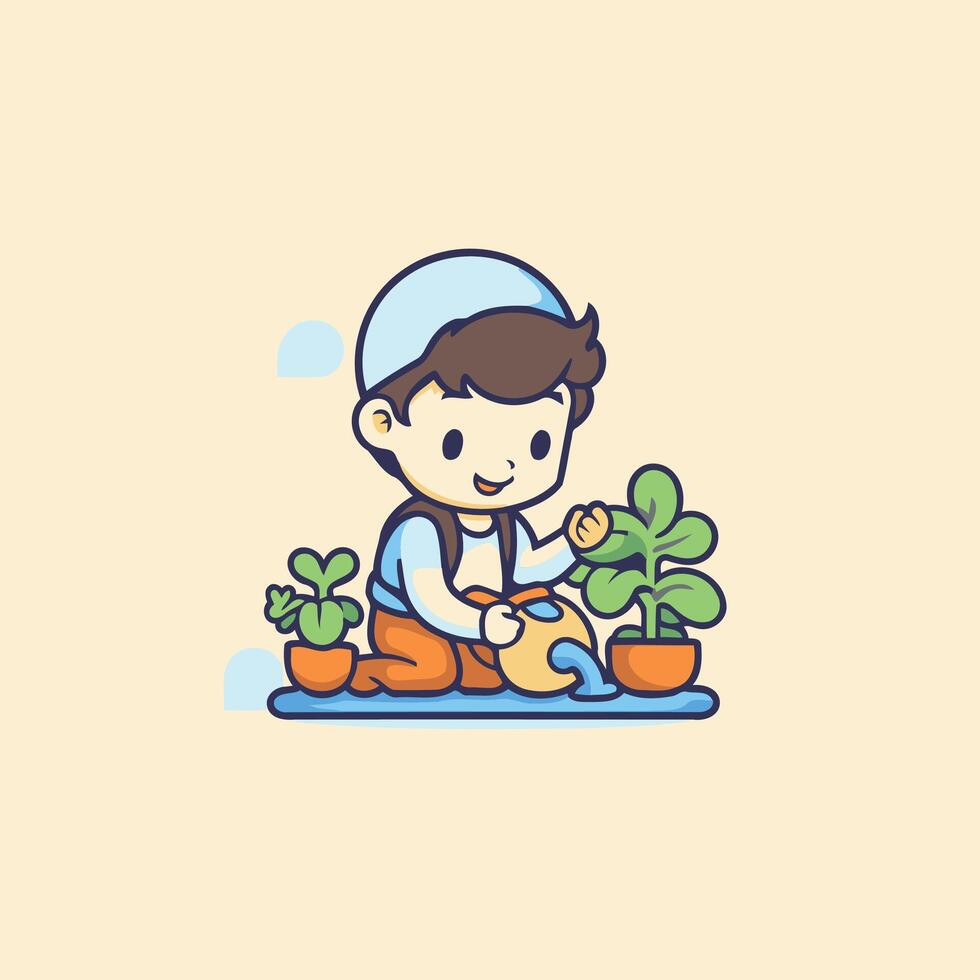 A boy watering plants on a plant pot vector
