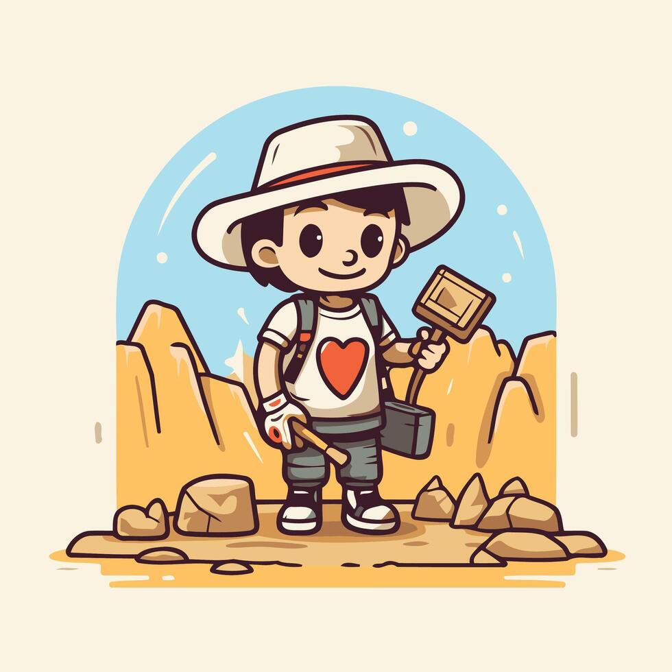 A cartoon character with a hat and a backpack vector