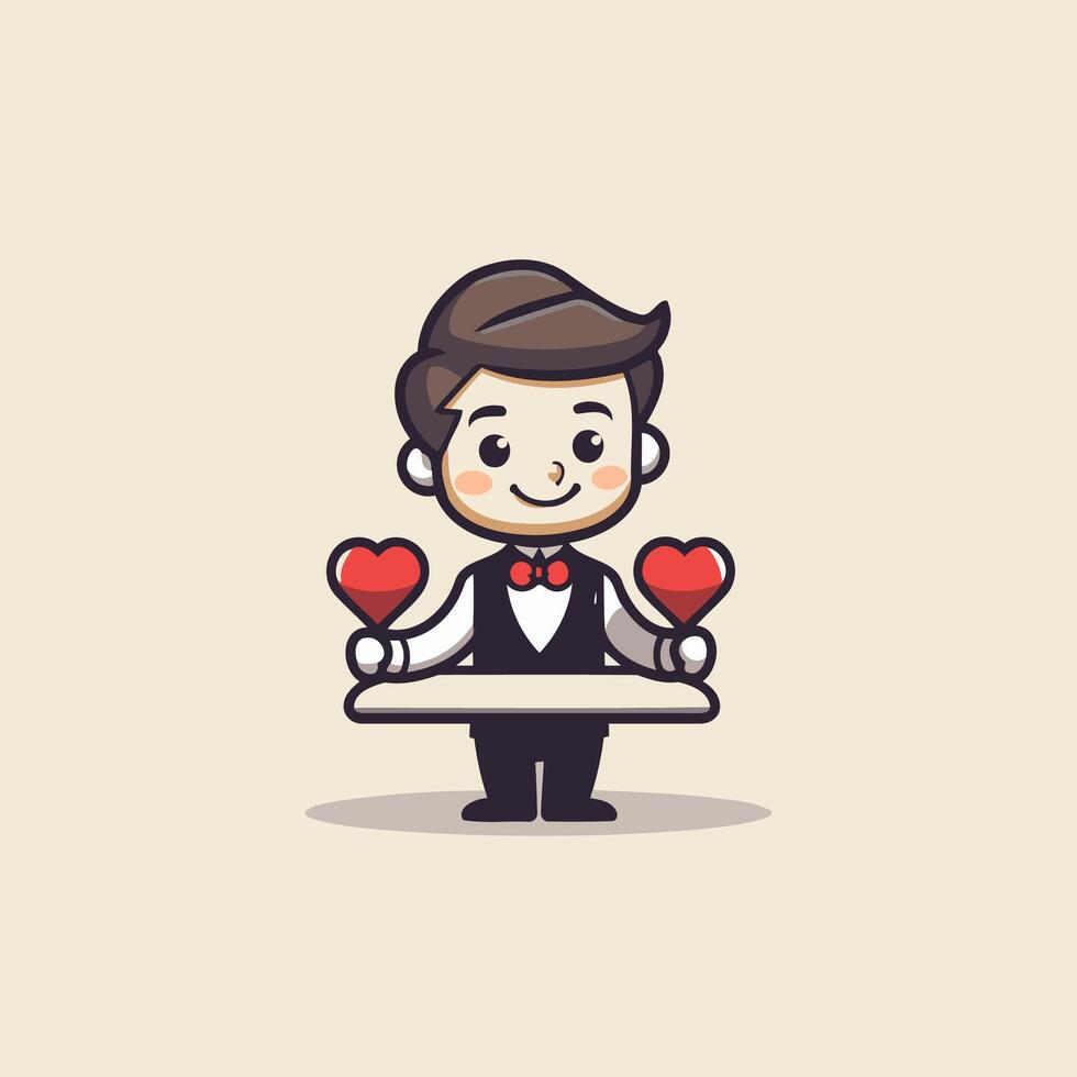 A cartoon waiter holding two hearts vector