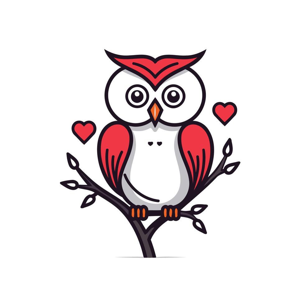 An owl sitting on a branch with hearts vector