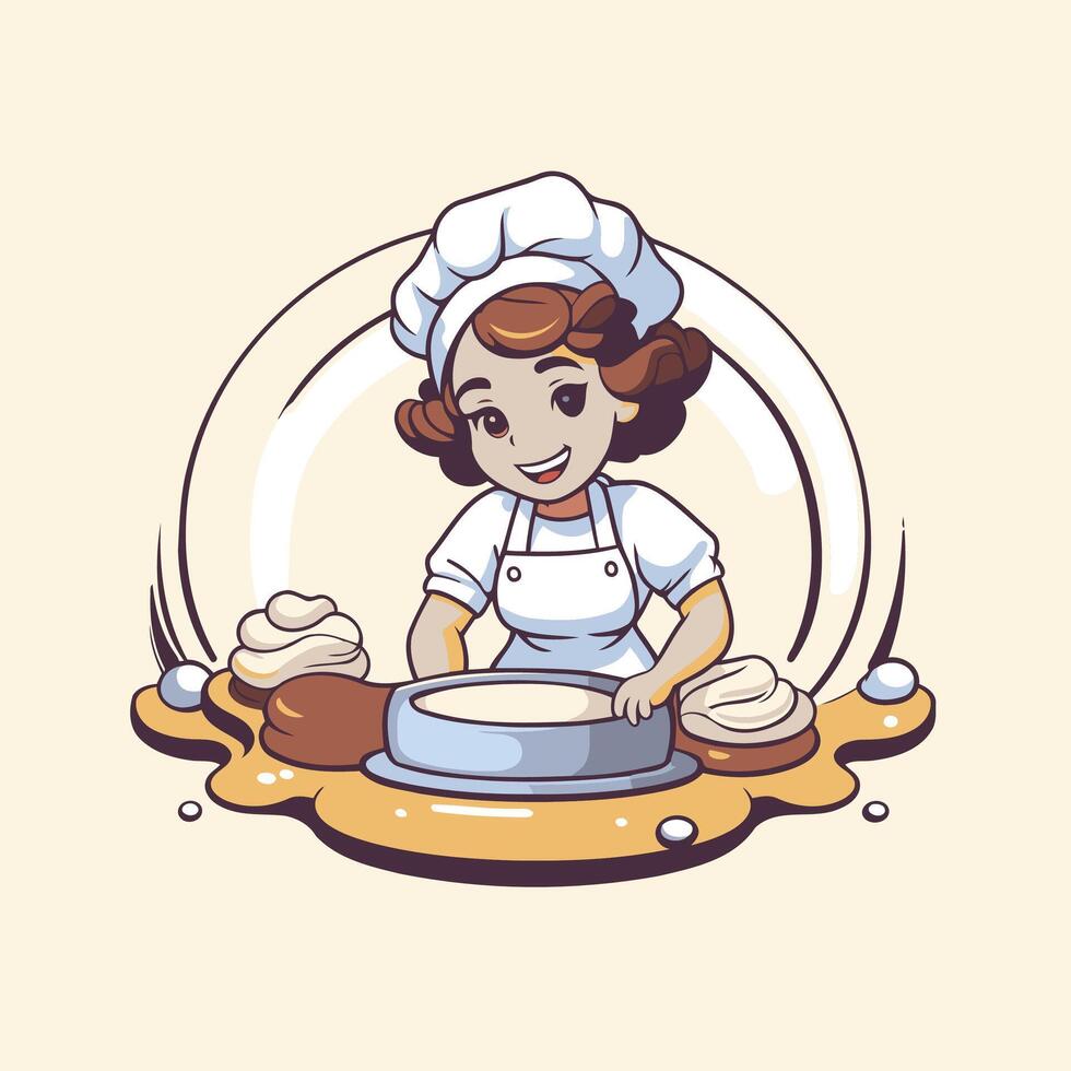 A cartoon woman in a chef hat is making a cake vector