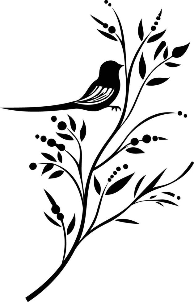 Bird on branch with leaves and flowers vector