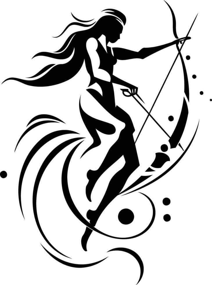 The zodiac sign of sagittarius is depicted in black and white vector