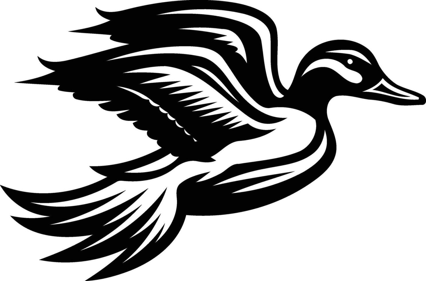 A black and white drawing of a duck flying vector