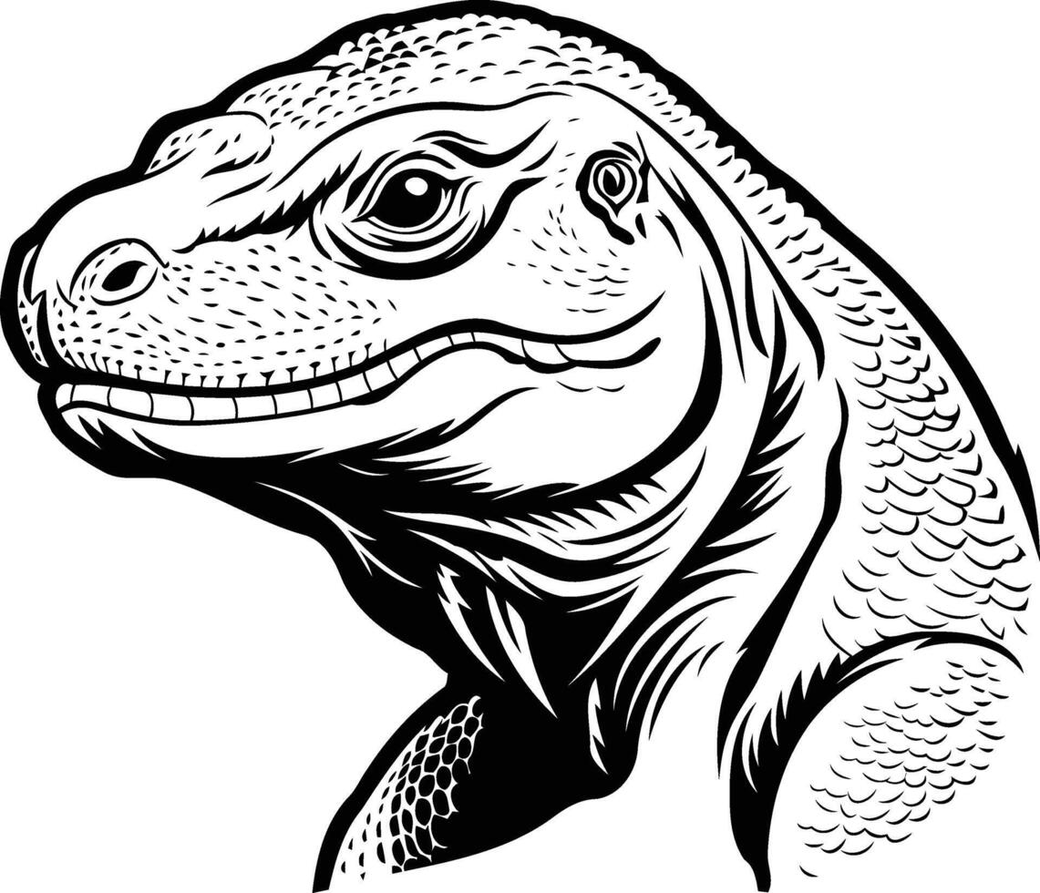 The head of a lizard is shown in black and white vector