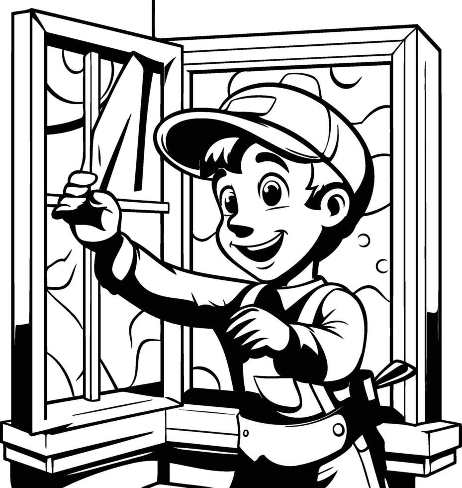 A cartoon boy painting the window with a brush vector