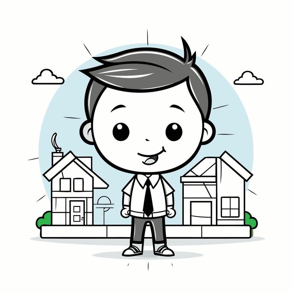 A cartoon man standing in front of a house vector