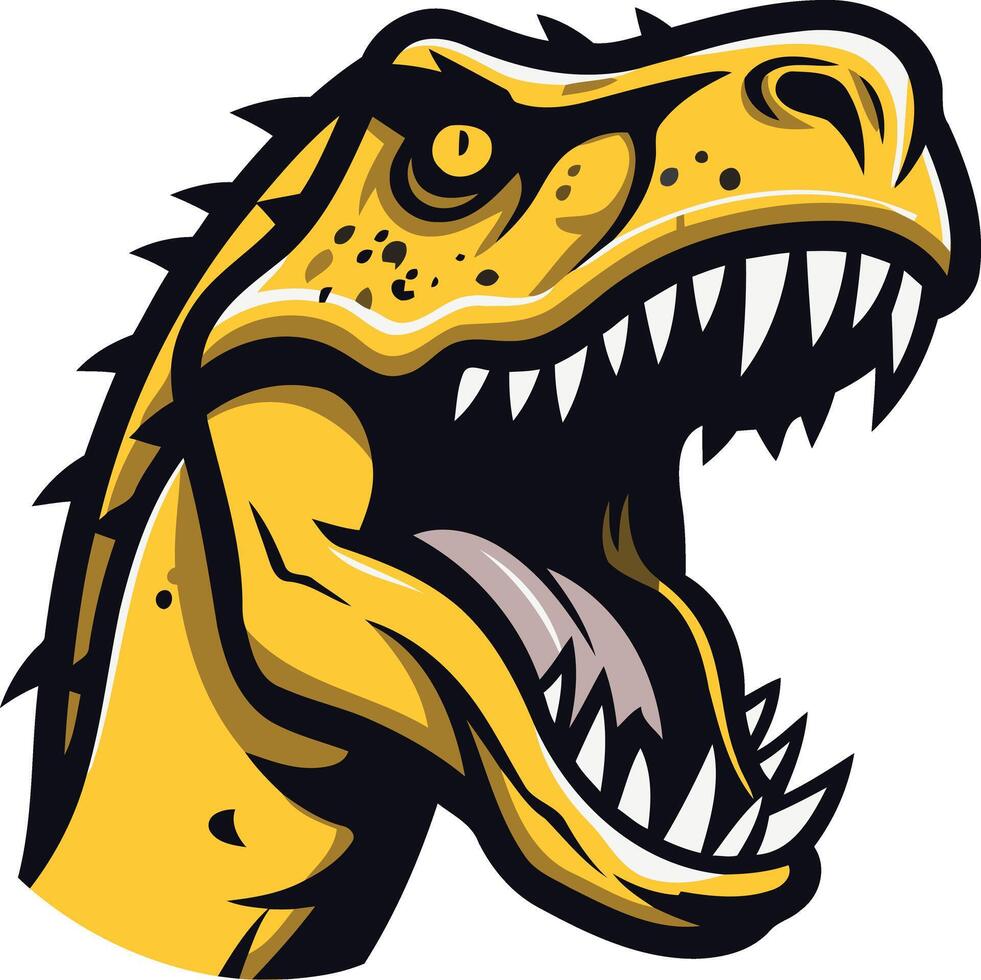 A yellow and black t - rex head with sharp teeth vector