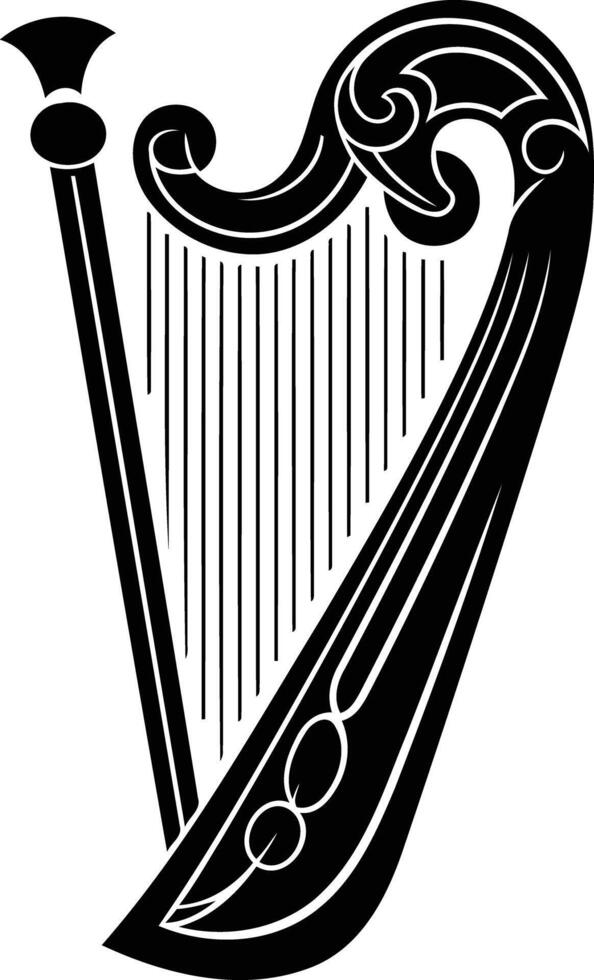 A black and white illustration of a harp vector