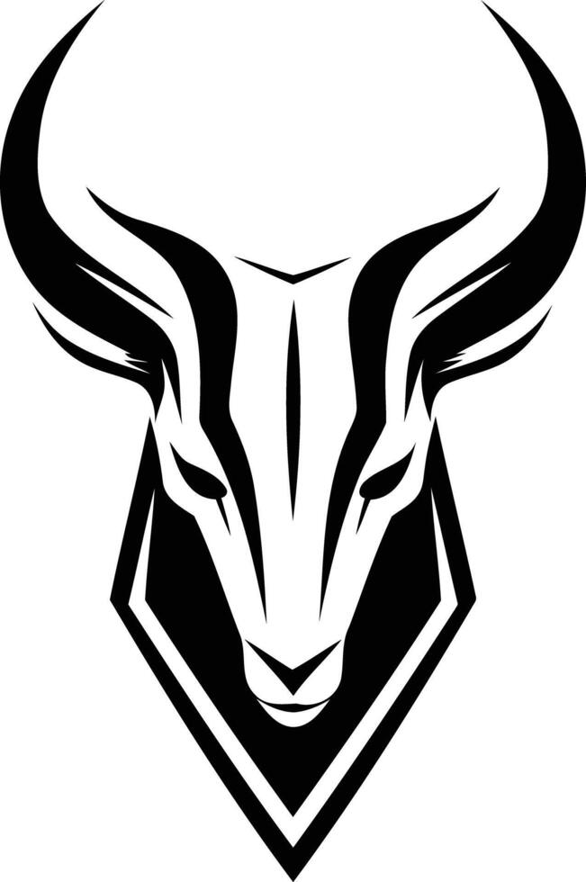The head of a bull is shown in black and white vector