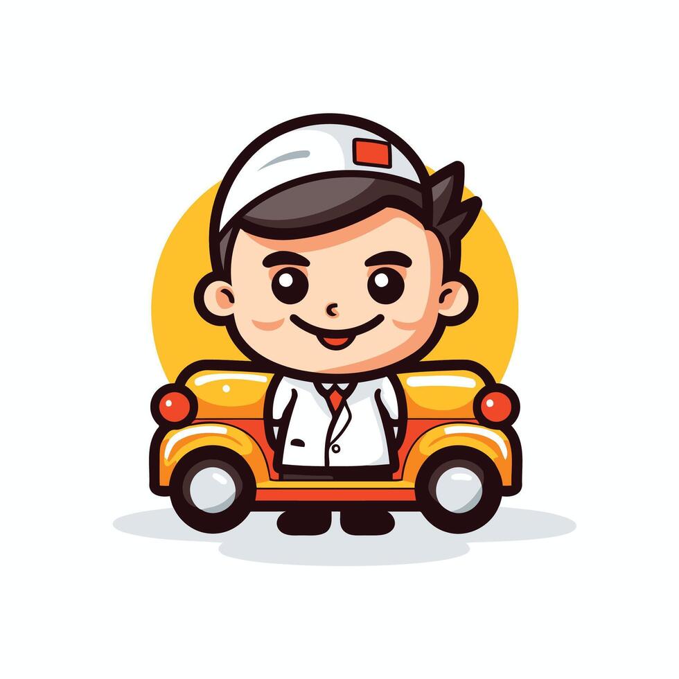 Cartoon character of a delivery man with a car vector