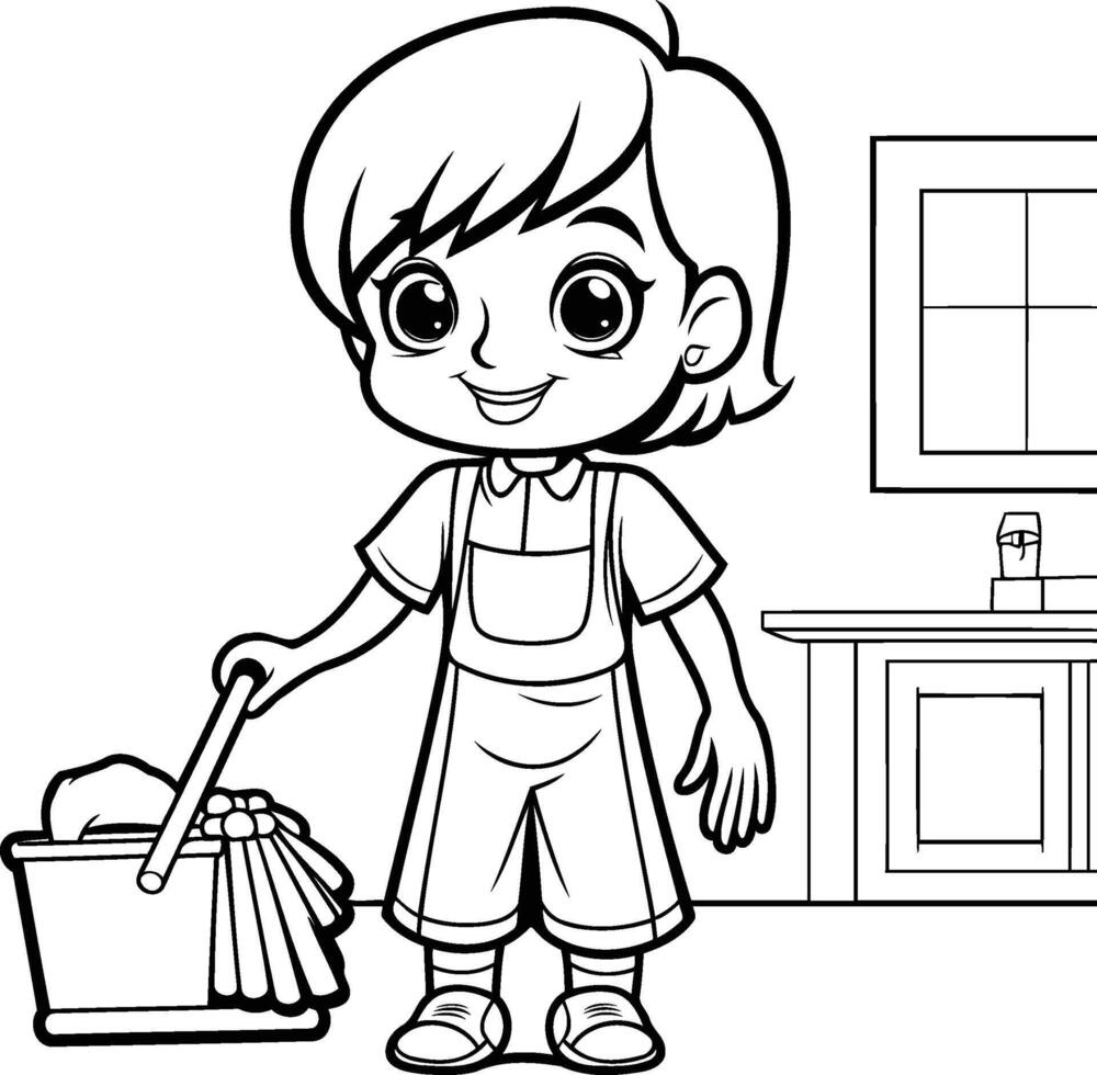 Coloring pages for kids with a boy cleaning the house vector