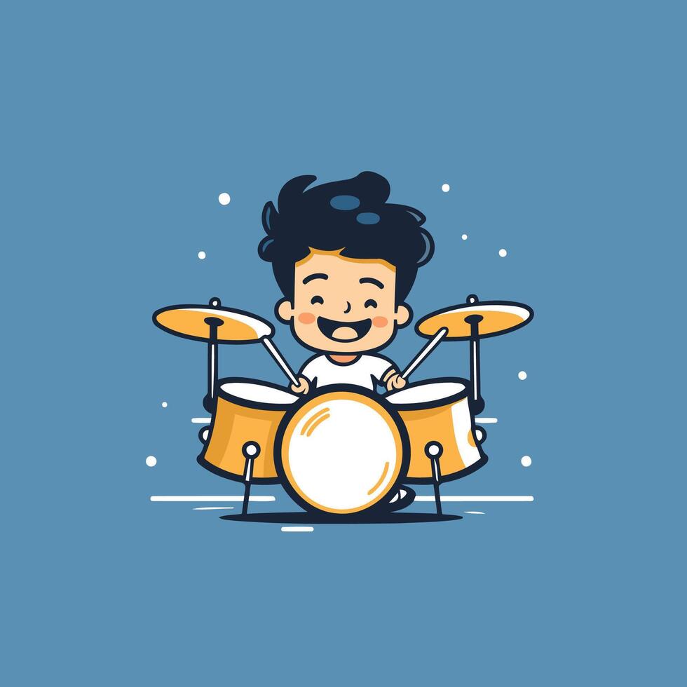 A cartoon drummer playing drums on a blue background vector