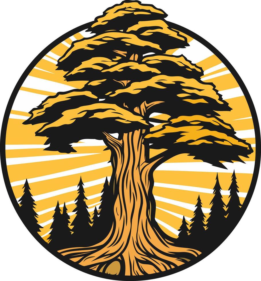 A tree with sun rays and pine trees in the background vector