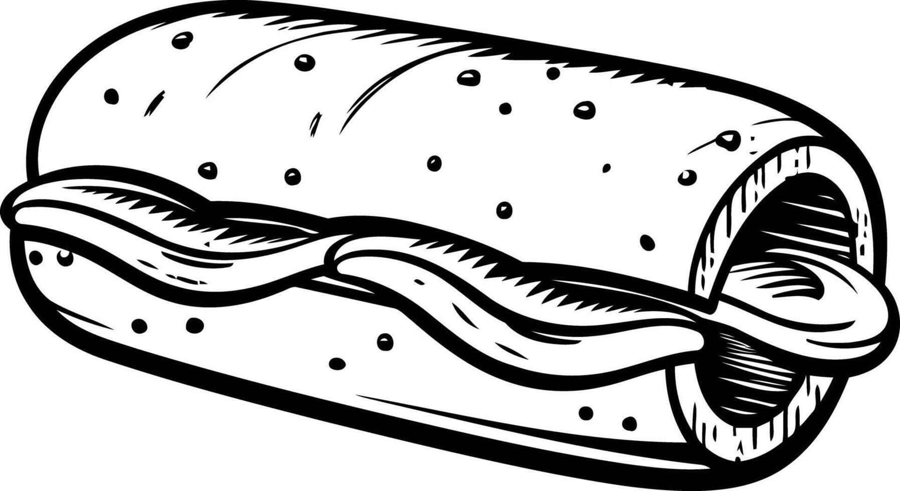 A black and white drawing of a hot dog vector